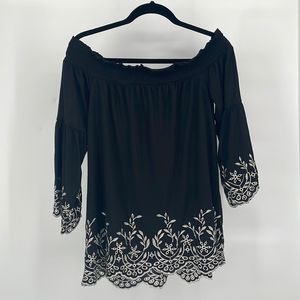 WHBM Black White Embroidered Off-The-Shoulder Blouse